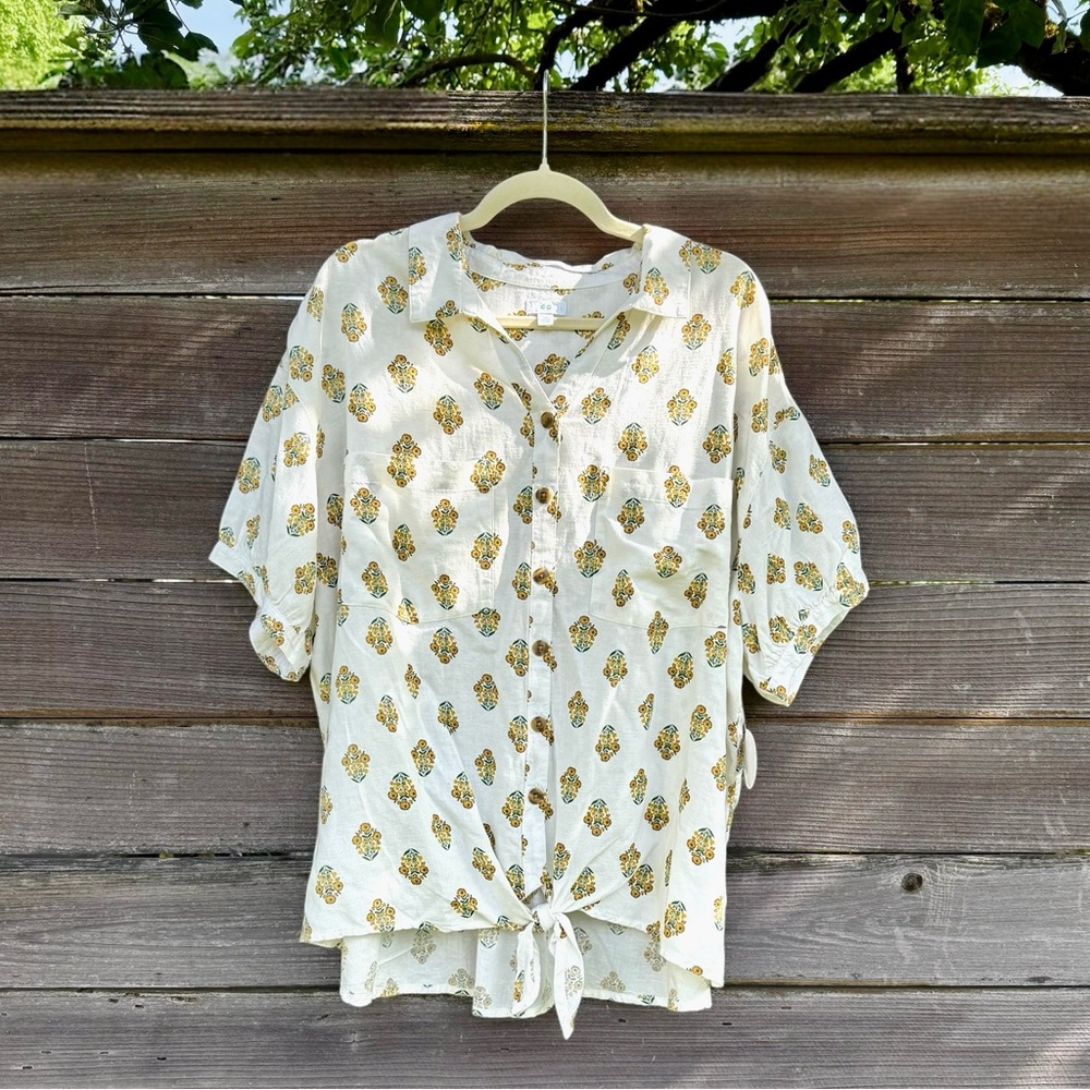 Floral Button-Up Blouse with Tie Front